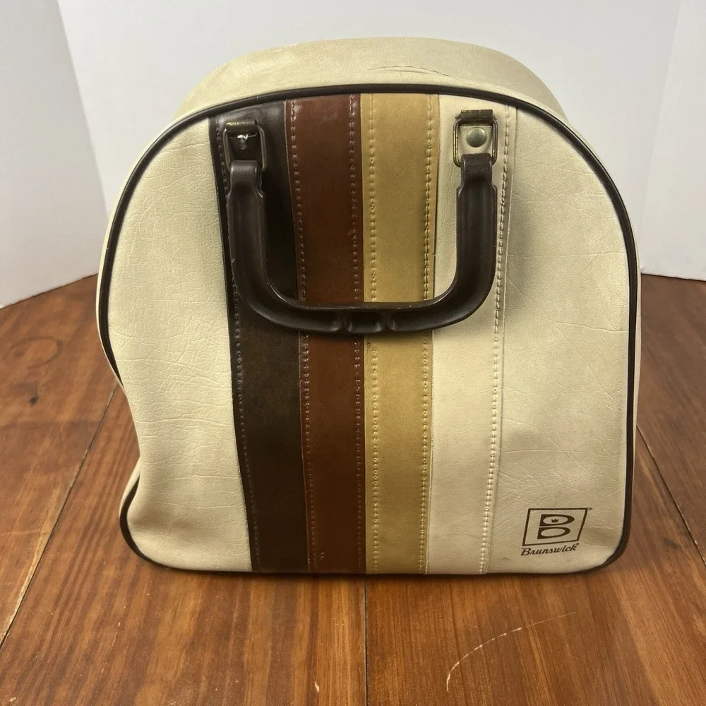 Vintage Brunswick Bowling Ball Bag Retro Striped Cream Brown Tan 1970s